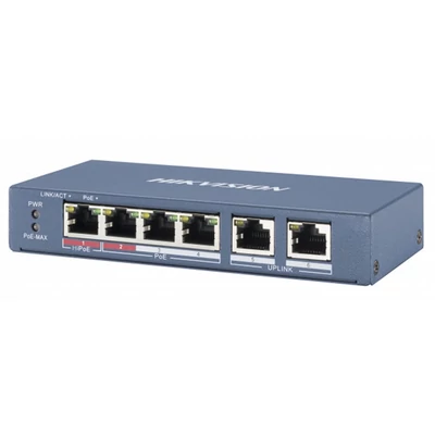 HIKVISION DS-3E0106P-E/M 6 portos PoE switch ; 4 PoE+ / 2 uplink port; nem menedzselhető