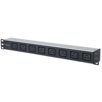MANHATTAN 163613 elosztó - 19" 1U Rackmount elosztó, 8db C19 aljzat, 2m eltávolítható kábel, ki-be k