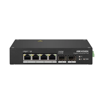 HIKVISION DS-3T0506HP 6 portos ipari Gbit PoE switch ; 3 PoE+ / 1 HiPoE+ / 2 SFP uplink port; nem menedzselhető
