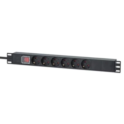 MANHATTAN 714914 elosztó - 19" Rackmount elosztó, 6 aljzat, LED fény, ki-bekapcsoló, 2m
