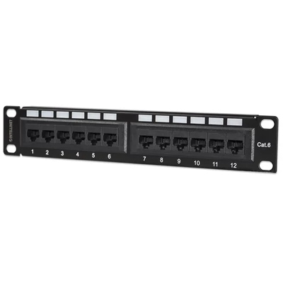 MANHATTAN 720748 Patch panel - CAT6 UTP árnyékolatlan patch panel, 12 portos, 10" 1U, Fekete