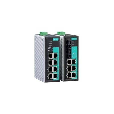 MOXA EDS-P308-S-SC Unmanaged Ethernet switch with 3 10/100BaseT ports, 4 PoE ports, and 1 100BaseFX