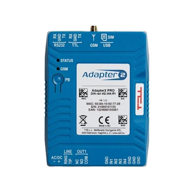 TELL Adapter2-PRO-4G-DIN Adapter2 PRO 4G kommunikátor; 4 zónabemenet; 1 relés kimenet; DIN sínre sze