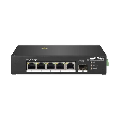 HIKVISION DS-3T0306HP 6 portos ipari PoE switch ; 4 PoE / 1 HiPoE+ / 1 RJ45 + 1 SFP uplink port; nem