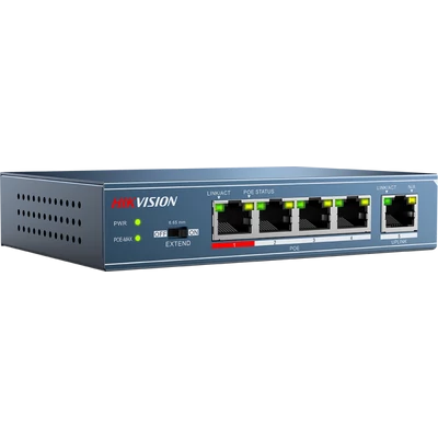 HIKVISION DS-3E0105P-E 5 portos PoE switch ; 4 PoE + 1 uplink port; nem menedzselhető