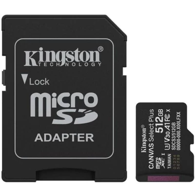 KINGSTON SDCS3/512GB 512GB microSD kártya; microSDXC; UHS-I Speed Class; U3; V30; adapterrel
