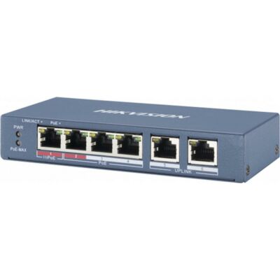HIKVISION DS-3E0106P-E/M 6 portos PoE switch ; 4 PoE+ / 2 uplink port; nem menedzselhető