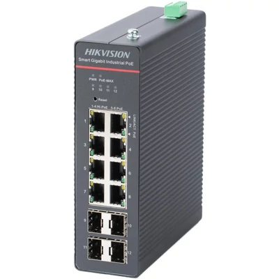 HIKVISION DS-3T1512HP-SI-8P4FKIT(240W) 12 portos ipari Gbit PoE switch ; 8 PoE+ / 4 SFP uplink; mene