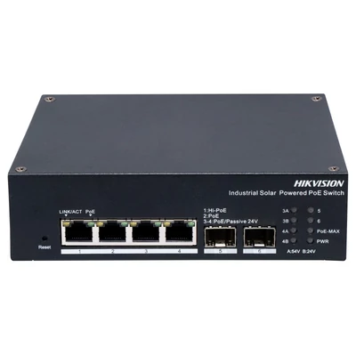 HIKVISION DS-3T1506HP-EI-UPS 6 portos ipari Gbit PoE switch ; 4 PoE+ / 2 SFP uplink port; 1 RS485 po