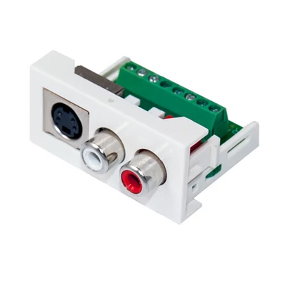 MODD-SV+2RCA 45 rendszer SV+2RCA modul RCA gyári csatlakozó Vörös fehér S Video gyári csatlakozó aljat sorkapocs 8pin 1modult foglal