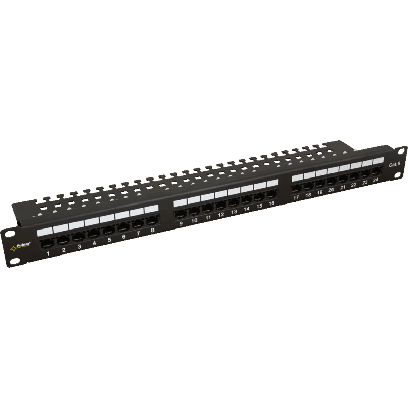 PULSAR RP-U24V6 19" patch panel; 24 port; cat6; árnyékolatlan; tehermentesítővel; 90 fokos modulok