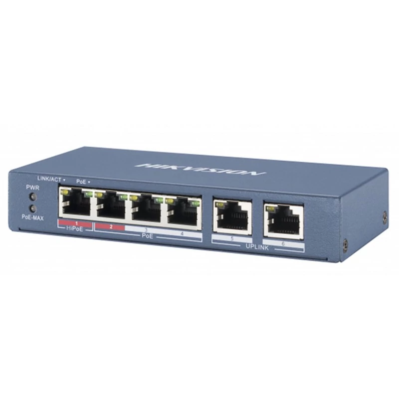 HIKVISION DS-3E0106P-E/M 6 portos PoE switch ; 4 PoE+ / 2 uplink port; nem menedzselhető