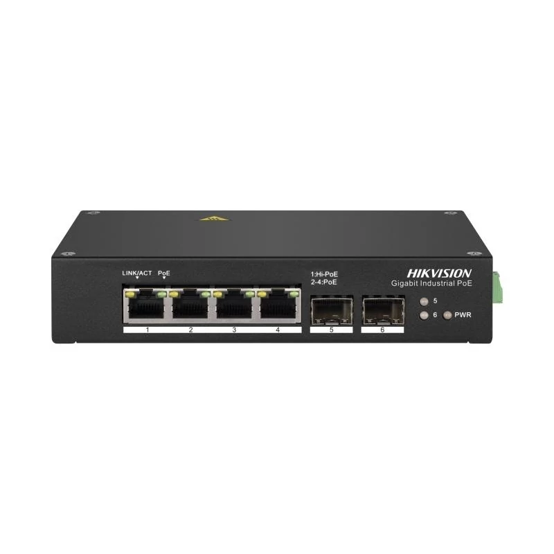 HIKVISION DS-3T0506HP 6 portos ipari Gbit PoE switch ; 3 PoE+ / 1 HiPoE+ / 2 SFP uplink port; nem me