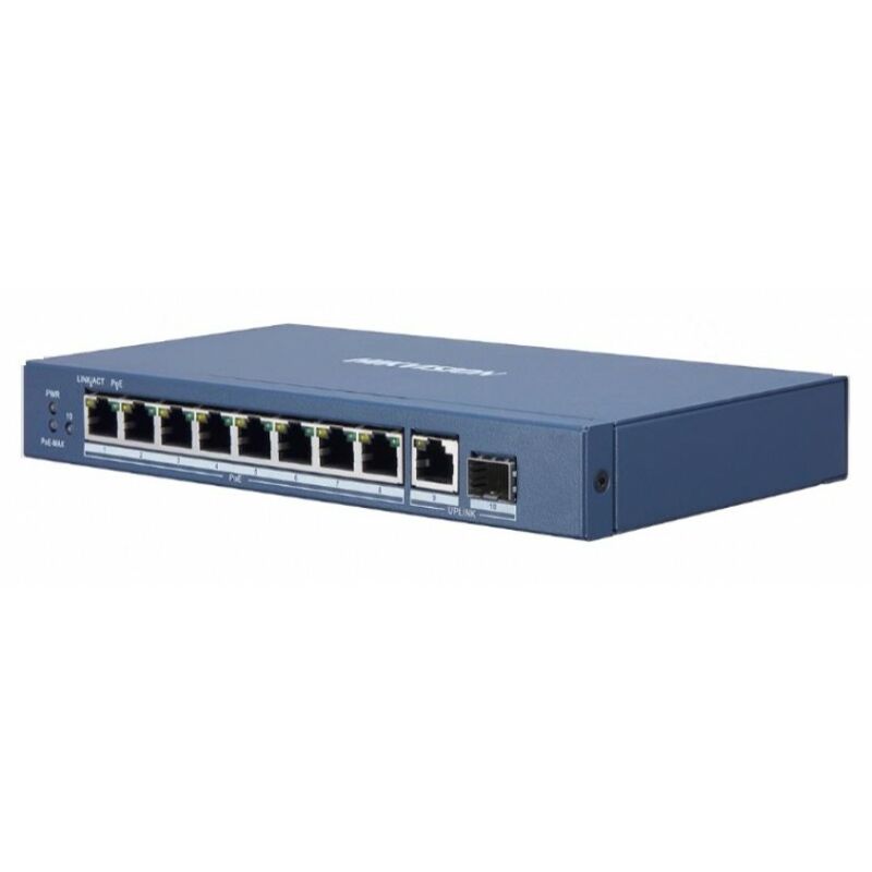 HIKVISION DS-3E0510P-E/M 10 portos Gbit PoE switch ; 8 PoE + 1 RJ45 + 1 SFP uplink port; nem menedzselhető