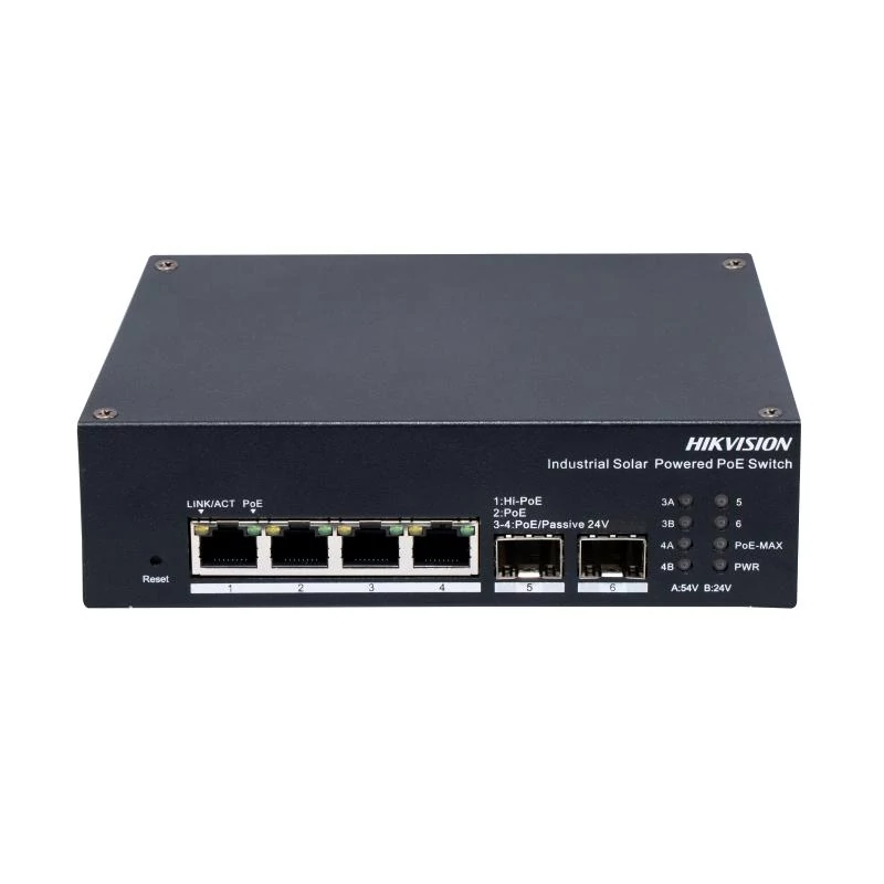 HIKVISION DS-3T1506HP-EI-UPS 6 portos ipari Gbit PoE switch ; 4 PoE+ / 2 SFP uplink port; 1 RS485 po