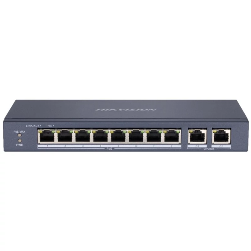 HIKVISION DS-3E0310P-E/M 10 portos PoE switch ; 8 PoE+ / 2 uplink port; nem menedzselhető