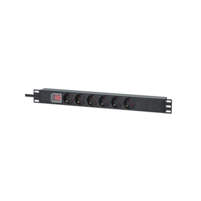 MANHATTAN 714914 elosztó - 19" Rackmount elosztó, 6 aljzat, LED fény, ki-bekapcsoló, 2m