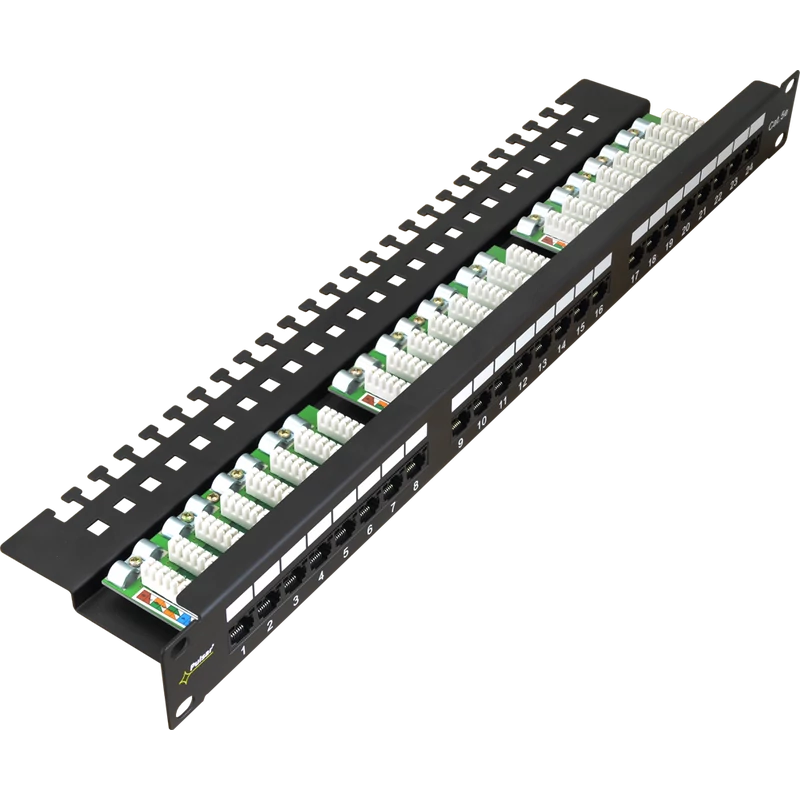 PULSAR RP-U24V5 19" patch panel; 24 port; cat5e; árnyékolatlan; tehermentesítővel; 90 fokos modulok