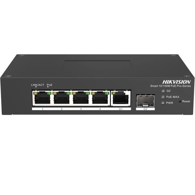 HIKVISION DS-3T1306P-SI/HS 6 portos ipari 10/100 PoE switch ; 4 PoE+ / 1 RJ45 + 1 SFP uplink port; m