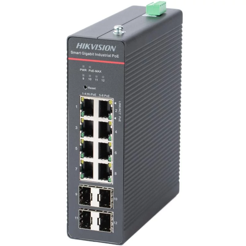 HIKVISION DS-3T1512HP-SI-8P4FKIT(240W) 12 portos ipari Gbit PoE switch ; 8 PoE+ / 4 SFP uplink; mene