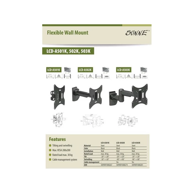 SUNNE LCD-A501K Monitor fali konzol dönthető, forgatható, 23-42", faltáv: