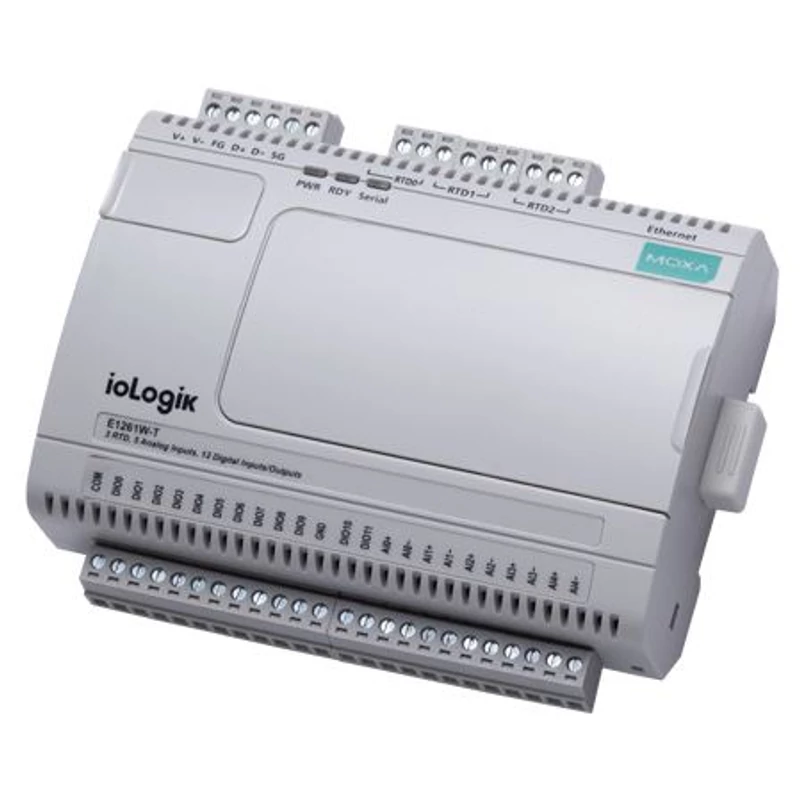 MOXA ioLogik E1261W-T Ethernet remote IO with 12 DIOs, 5 AIs, 3 RTDs, -4075°C operating temperature