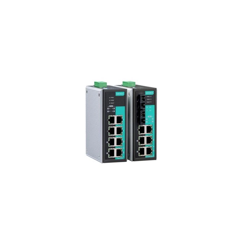 MOXA EDS-P308-MM-SC Unmanaged Ethernet switch with 2 10/100BaseT ports, 4 PoE ports, and 2 100BaseFX multi-mode ports