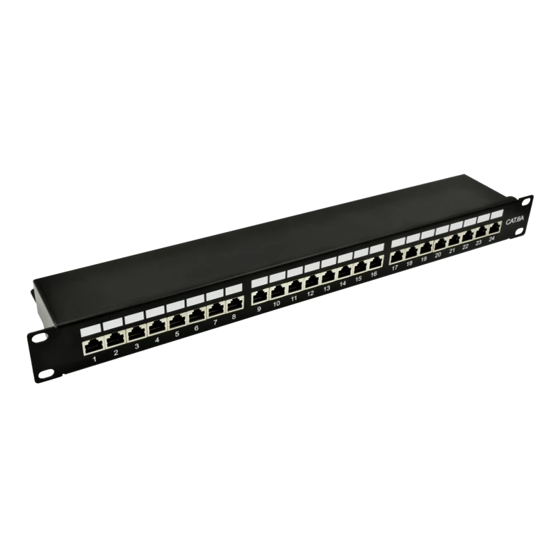 NESTRON NRPP-RJ45-224SF-H 19" patch panel; 24 port; Cat6A; árnyékolt; tehermentesítővel; dual IDC