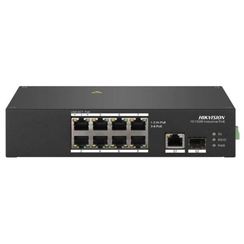 HIKVISION DS-3T0310HP 10 portos ipari PoE switch ; 6 PoE / 2 HiPoE+ / 1 RJ45 + 1 SFP uplink port; ne