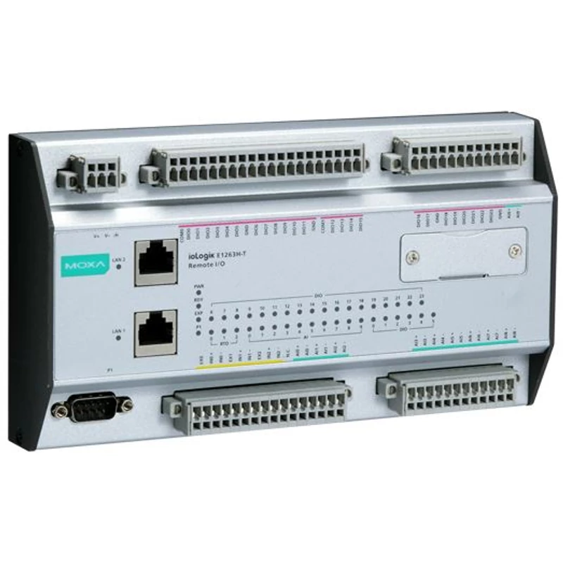 MOXA ioLogik E1263H-T Ethernet remote I/O with 2-port Ethernet switches, 24 DIOs, 10 AIs and 3 RTDs,