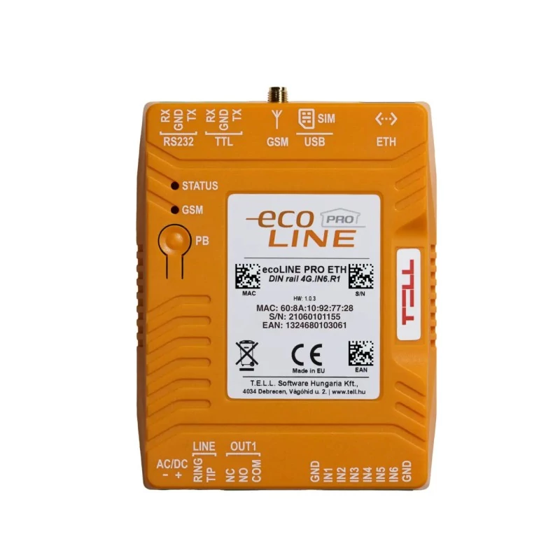 TELL ecoLINE-PRO-4G-ETH-DIN EcoLINE PRO telefonvonali emulátor; 4G; Ethernet; 6 zónabemenet; 1 relés