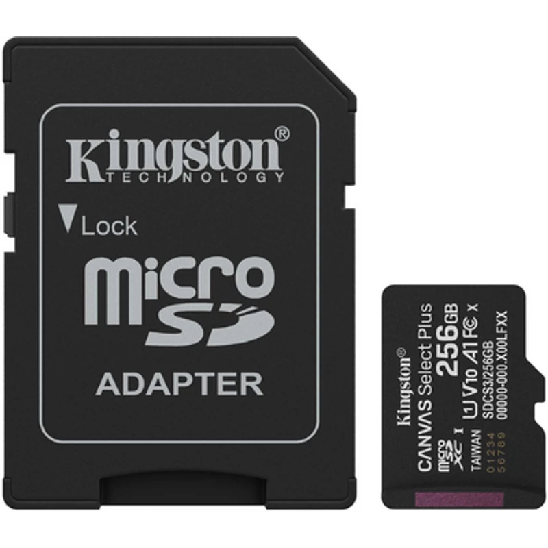 KINGSTON SDCS3/256GB 256GB microSD kártya; microSDXC; UHS-I Speed Class; U3; V30; adapterrel
