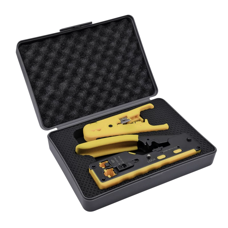 NESTRON NTC-7088K Moduláris krimpelő fogó átfűzhető csatlakozókhoz + kábel csupaszító szerszám, dobo