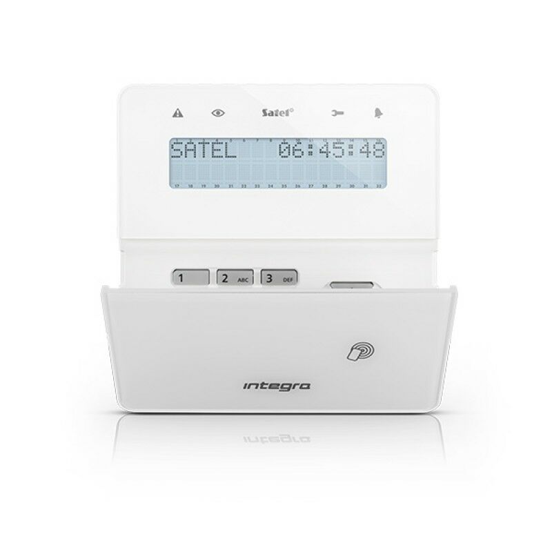 SATEL INT-KLFR-W LCD kezelő INTEGRA központokhoz; kártyaolvasóval és lenyíló billentyűzetvédővel; fehér