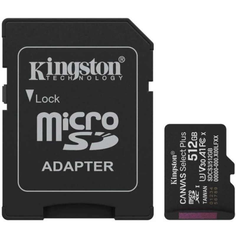 KINGSTON SDCS3/512GB 512GB microSD kártya; microSDXC; UHS-I Speed Class; U3; V30; adapterrel