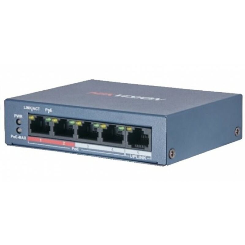 HIKVISION DS-3E0105P-E/M 5 portos PoE switch ; 4 PoE + 1 uplink port; nem menedzselhető