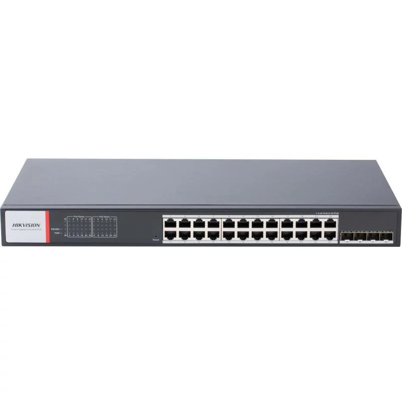 HIKVISION DS-3T1528HP-SI-24P4F/No Power 28 portos ipari Gbit PoE switch ; 24 PoE+/ 4 HiPoE / 4 SFP u