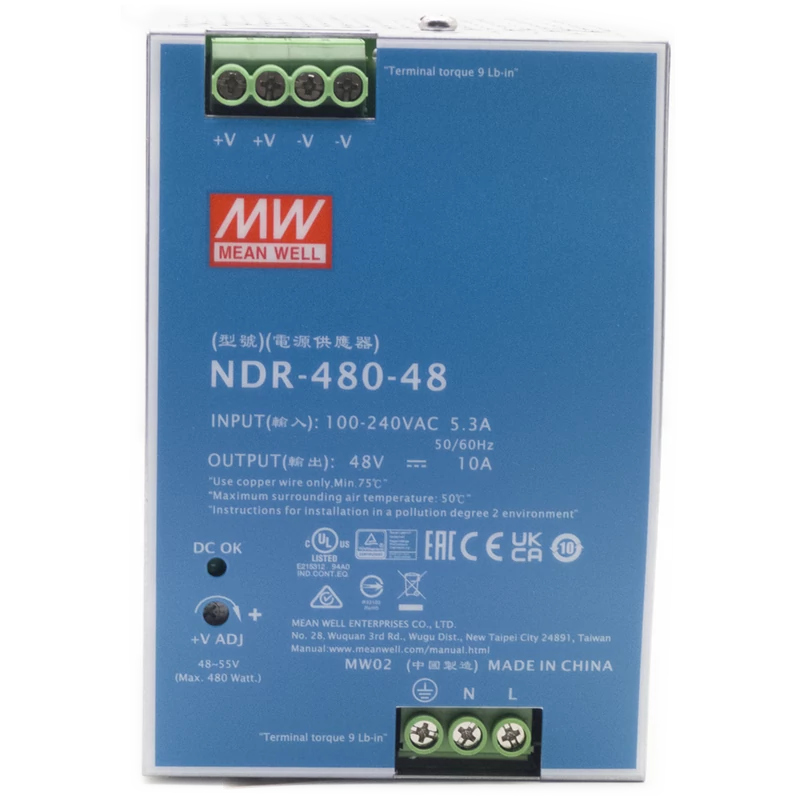 MEAN WELL NDR-480-48 Ipari tápegység; 48V; 10 A; 480W; DIN sínre szerelhető