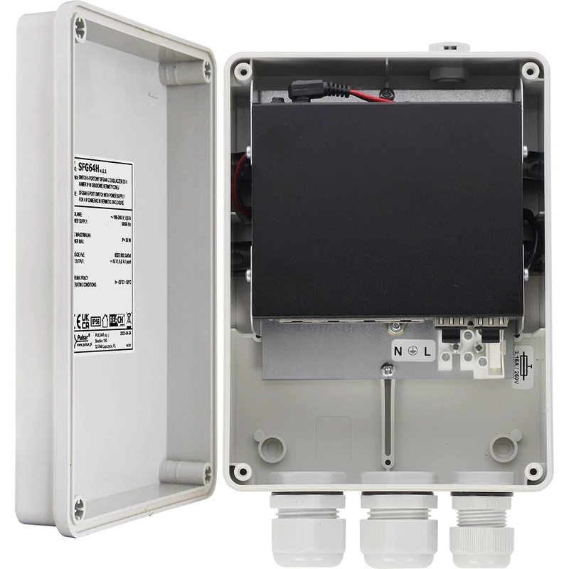 PULSAR SFG64H 6 portos Gbit PoE switch kültéri dobozban; 4 PoE + 2 SFP uplink port; nem menedzselhet