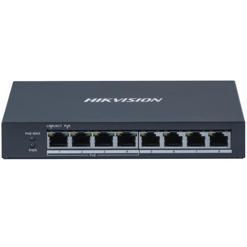 HIKVISION DS-3E0508P-O 8 portos Gbit PoE switch ; 4 PoE+ / 4 RJ45; nem menedzselhető