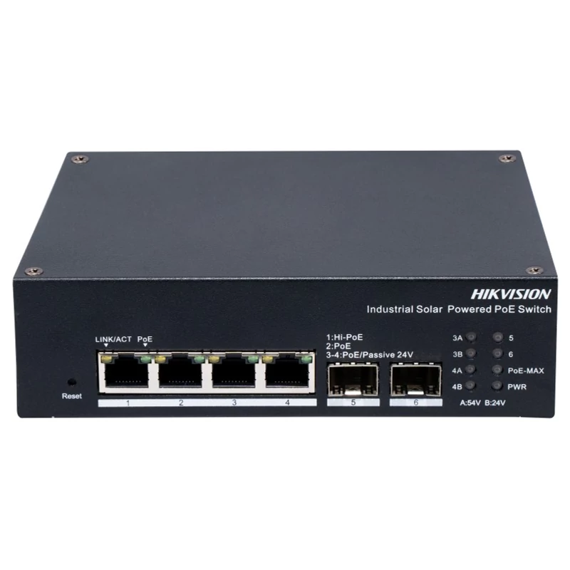 HIKVISION DS-3T1506HP-EI-UPS 6 portos ipari Gbit PoE switch ; 4 PoE+ / 2 SFP uplink port; 1 RS485 po